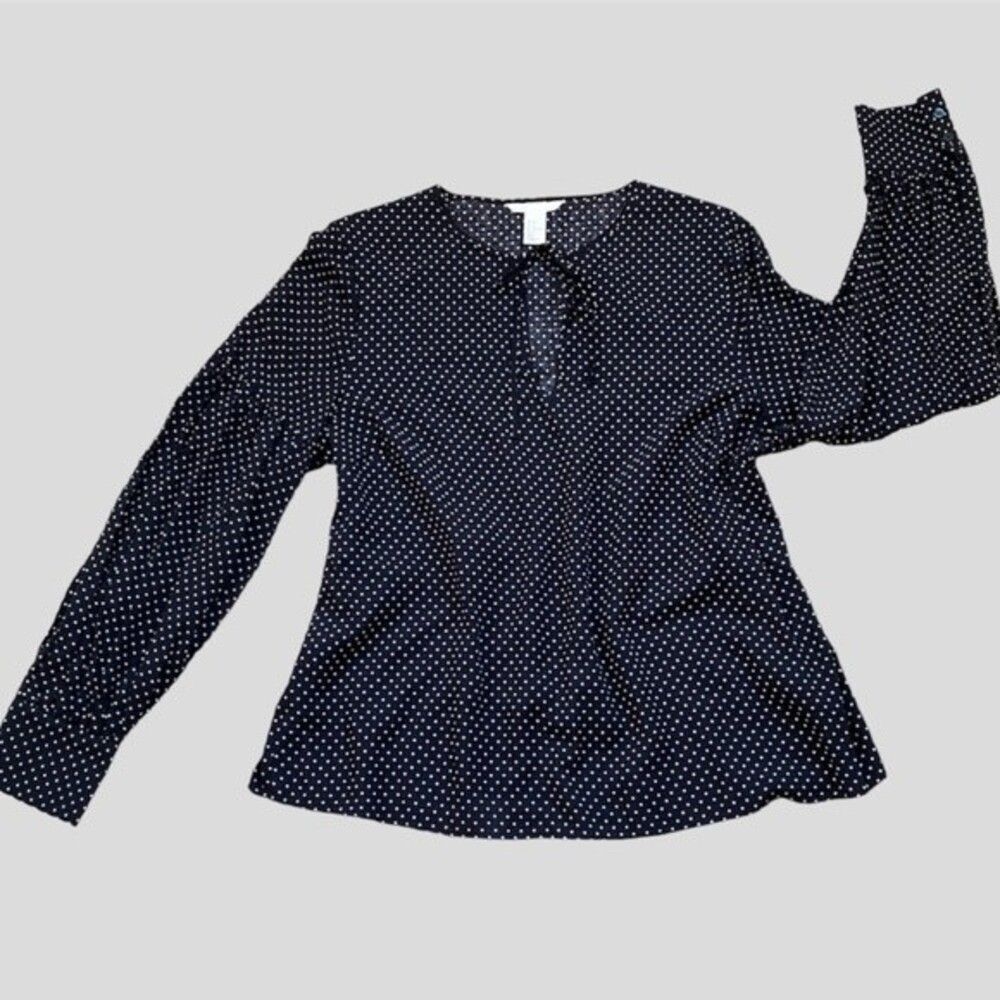 H&M Women’s Black Polka Dot Blouse Tie Neck Long Sleeve Gathered Sleeve Top - Picture 2 of 14